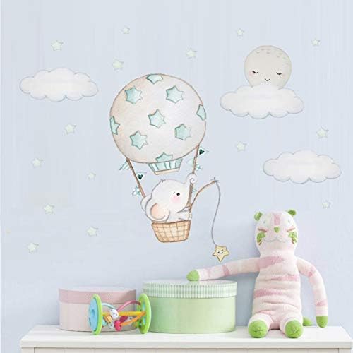 OFISSON Elephant in Hot Air Balloon with Clouds Moon and Stars Wall Sticker Peel and Stick Decal, Baby Room Wall Decor, Sticker for Children Baby Kids Boy Girl Bedroom Nursery Decor