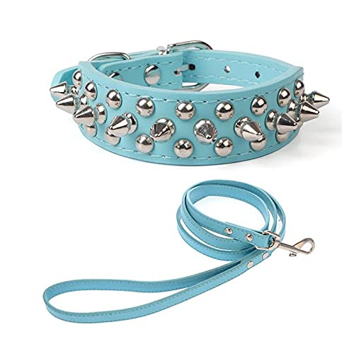 Yiwong Spiked Leather Dog Collar Lead Set, Bullet Nail Rivet Dog Collar, Leather Dog Collar with Studs, for Medium, Pitbull, English Bulldog (S, Blue)