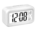 Flow.month Digital Alarm Clock, Battery Operated Long Battery Life Alarm Clock, Back Light/Large Digit Display/Snooze Function/Electronic Alarm Clock for Kids/Bedroom/Heavy Sleepers/Travel-White