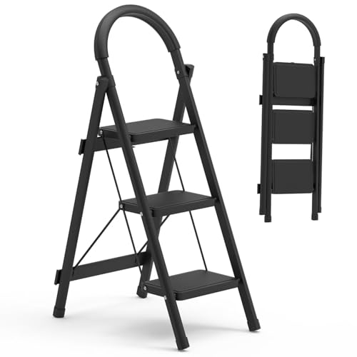 MOONPAI Escalera Plegable para Casa,Escalera de Tijera,Diseño de Cierre de Seguridad,Escalera Plegable de Peldaños,Patas y Pasamanos Antideslizantes,para Interior Y Exterior(Escalera 3 Peldaños)