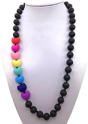 Baby And Mommy Beads Food Silicone Teething - Food grade Silicone Teething Necklace with heart beads baby chew necklace Nursing necklace (Black Rainbow)