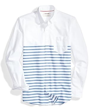 Men's Slim-Fit Long-Sleeve Placed-Stripe Pocket Oxford Shirt