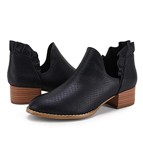 Photo 1 of Fashare Womens Fall Cutout Booties Ankle Heels Low Stacked Ruffle Slip On Dress Short Boots Shoes