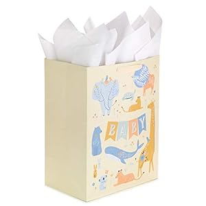 Hallmark 17″ Extra Large Baby Gift Bag with Tissue Paper (Yellow with Giraffe, Koala, Elephant, Whale, Turtle) for Baby Showers, Moms-to-Be, Gender Reveal Parties