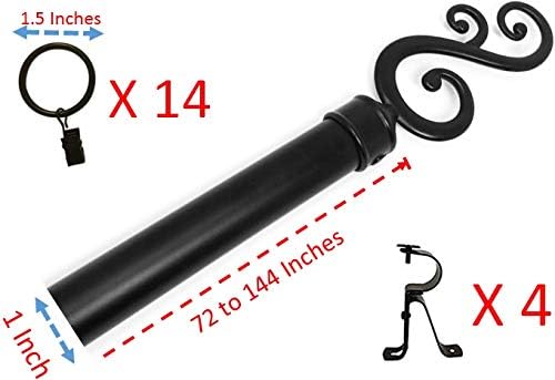 TEJATAN - 1 Inch Curtain Rod with Classic Design finials, Brackets and Curtain Rings (Curtain Rod - 72 to 144 Inches)