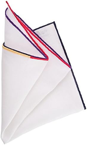 Elizabetta Men's Large Pocket Square, White Linen w/Multicolor Hand Rolled Hem