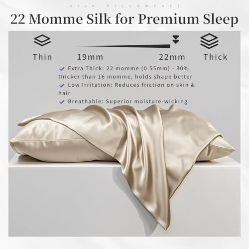 100% Double-Sided Silk Pillowcase, 22 Momme, 6A, Washable, Hidden Zipper, Prevents Hair Frizz, Antibacterial and Anti-Static, Suitable for Sensitive Skin (Light champagne, 1PC 51x66cm（20" × 26"）)