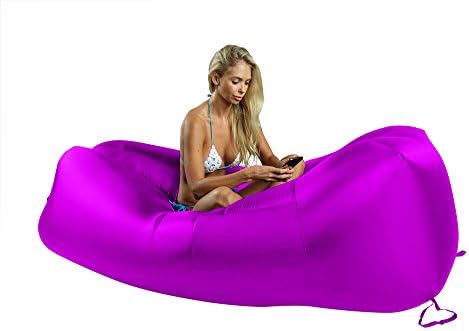Self-Inflating Air Lounge Hangout Sofa Beach Camping Chair Air Bed Floats on Water No Pump Needed with Side Pockets Built-In Bottle Opener and Matching Backpack Carrying Bag (PURPLE)