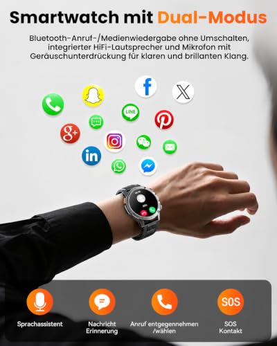 Karchilor Military Smartwatch Men's with 1000 mAh Battery - Fitness Watch with Bluetooth Calls, 1.7 Inch HD Display, LED Torch, IP68, 110+ Sports Modes, Heart Rate and Sleep Analysis, for iOS