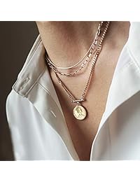 ACC PLANET Coin Necklace Gold Plated Snake Chain Round Pendant Gold Layered Necklace for Women