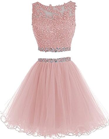 YanLian Beaded Two Pieces Prom Dresses Applique Short Homecoming Dresses Blush Pink US4