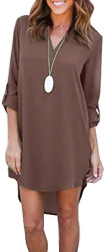 Celltronic Womens Summer V Neck Blouse Dress Loose Casual Tunic Chiffon Long Tops, XX-Large, Coffee
