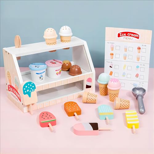 Beauenty Ice Cream Counter Playset for Kids, Montessori Pretend Play Food Toys Kitchen Accessories Wooden Popsicle Set with Scoop & Fake Cash, Ice Cream Shop Toys Toddler Learning Toy for Kids