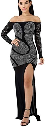 Speedle Off Shoulder See Through Sparkly Sequin Sheer Mesh Tatoo Rheinstone Tulle Patchwork Side Split Maxi Dress