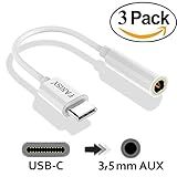 USB C to Headphone Adapter 3-Pack, FANISY USB Type C to 3.5mm Female Aux Audio Adapter Microphone Connector Cable for Huawei P20 Pro, Moto Z, Xiaomi 8, Le Pro 3 and More - Whtie