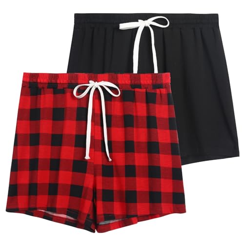 Korelayer 2 Pack Pajama Shorts for Women Cotton Sleep Shorts Casual Lounge Pants Drawstring Pj Bottoms, Black & Red Plaid, X-Large at Amazon