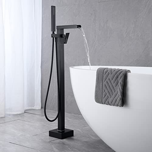 Wowkk Waterfall Tub Filler Freestanding Bathtub Faucet Black Floor