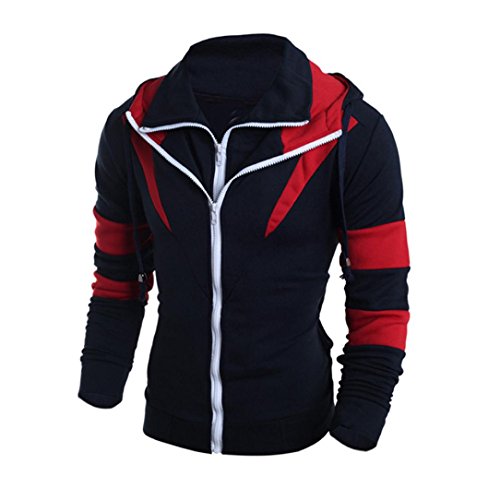 Men Coat Among Color Double Zipper Hooded Cardigan Sweater Tops Jacket Outwear (L, Navy)