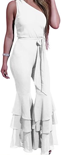 Slim Bloom Women's Bell Bottom One Shoulder Belted High Waist Bodycon Jumpsuit Romper White L