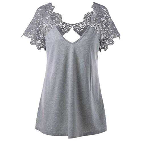 image for VEZAD Lace Short Sleeve Womens Fashion V-Neck Plus SizeTrim Cutwork T-