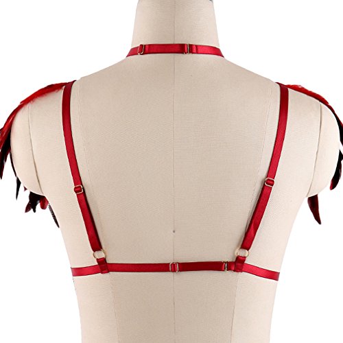 Feather Harness Caged Bralette Strappy Top Body Cage Plus Size Burning Man Goth Fetish Art Clothing (Wine Red)