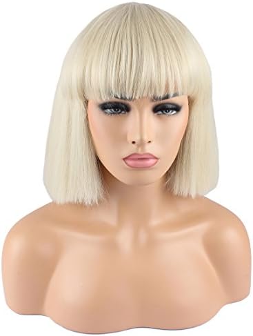 Riyang Women's Cosplay Wig with Full Bangs Short BOB Kinky Straight Puff Hair Heat Resistant Blonde