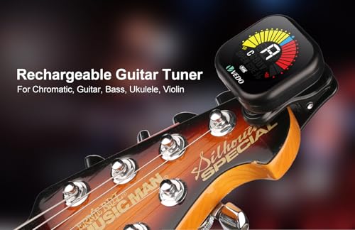 VEDO Afinador Recarregável para Violão, Guitarra, Baixo e Ukulele - Display LCD de Alta Precisão, Sintonizador Cromático Clip-On com Bateria de Longa Duração e Cabo USB Tipo-C