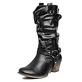 Refresh Wild-02 BLACK Women's Mid calf Cowboy boots with distressed PU upper (10)