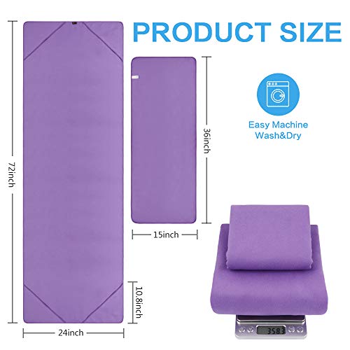 sunland Yoga Towel Sweat Absorbent Soft Non-Slip Hot Yoga Towel + Hand Towel 2 in1 Set with Carry Bag Ideal for Pilates Hot Yoga Bikram 24 inches x 72 inches Purple - Thumbnail 2