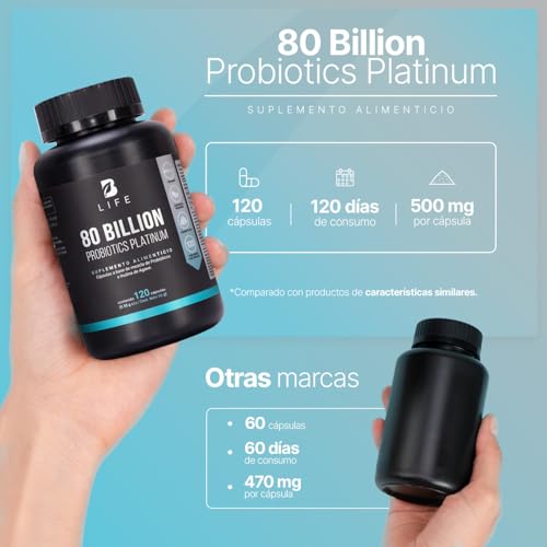 B Life Probióticos 80 Billones con 11 Cepas Potenciadas con Inulina de Agave | 140 Cápsulas Veganas de Liberación Retardada para mas de 4 Meses