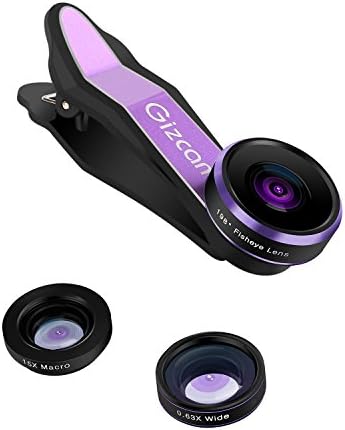 Gizcam Phone Lens, 198 Degree Fisheye Lens, 0.63X Wide Angle Lens, 15X Macro Lens for iPhone, iPad, Samsung, Android Smartphones (Purple)