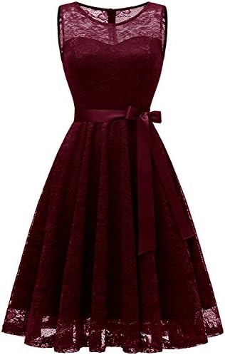 IVNIS RS90050 Women's Vintage Floral Lace Dress Short Bridesmaid Dresses Scoop-Neck Cocktail Party Dress Burgundy M