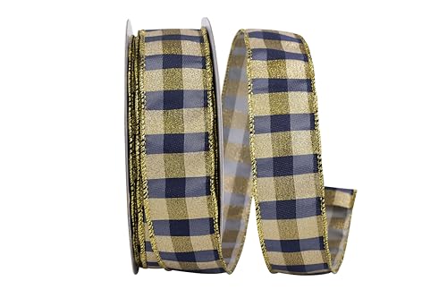 Ribbon - Check Metallic Bar Elegance Wired Edge Ribbon, Navy/Gold, 1-1/2 Inch,…
