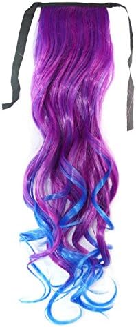 Stepupgirl 19 Inch 1 Piece Curly Omber Color Ponytail with Souvenir Card (Pink Rose to Blue)