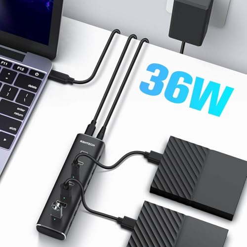 RSHTECH 36W USB C Powered Hub, 7 Ports (4C+3A) Aluminum USB-C 3.2 10Gbps Data Hub with 12V/3A AC Adapter and Detachable Cable 3.3 Feet