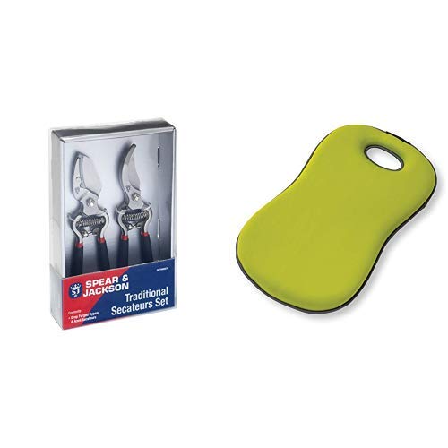 Spear & Jackson Traditional Bypass and Anvil Secateurs Set (Twin Pack) with Kew 5 Layer Garden Kneeler, Light Green