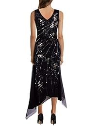 Vijiv Vestido de mujer vintage de los años 20, cuello en V, con lentejuelas, vestidos de noche largos e irregulares