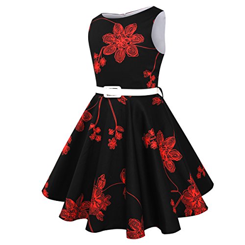 Girls Vintage Swing Dress with Belt Audrey Hepburn 1950s Style (Red Floral,Size 5-6)