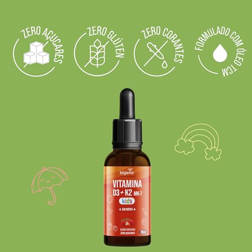 Bigens Vitamina D3 + K2 MK-7 Kids em Gotas, D3 2000UI | K2 100mcg, Sabor Morango, 20ml.