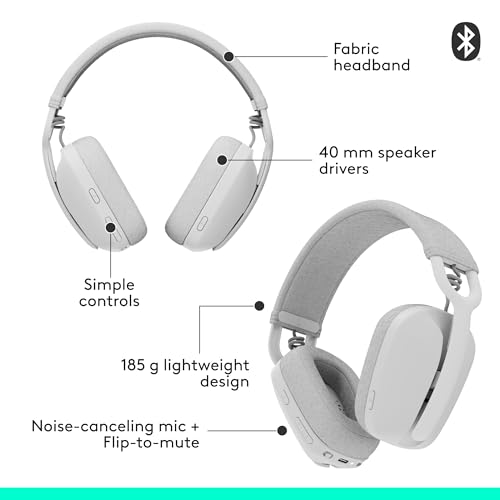 Logitech Zone Vibe 100 Lightweight Wireless Over Ear Headphones with Noise Canceling Microphone, Advanced Multipoint Bluetooth Headset, Works with Teams, Google Meet, Zoom, Mac/PC - Off White