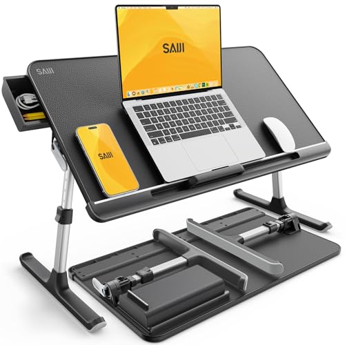 Laptoptisch Betttisch, SAIJI 100% E0 Eco Holzplatte Verstellbarer Betttisch, mit Schublade, klappbare Beine, 40kg Belastung, Tischplatte aus PVC-Leder