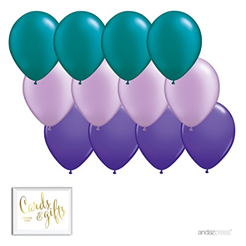 Andaz Press 11-inch Latex Balloon Trio Party Kit with Gold Cards & Gifts Sign, Aqua, Lavender and Purple, 12-pk, Mermaid Birthday Decorations