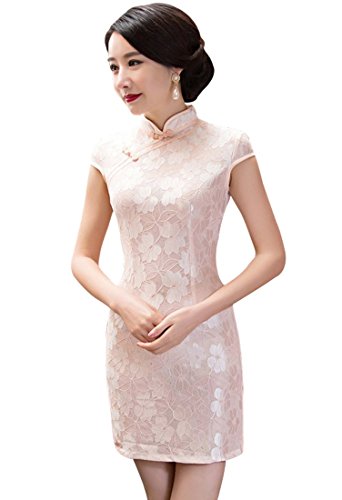 Wincolor Women's Cap Sleeve Chinese Traditional Cheongsam Floral Lace Qipao Dress