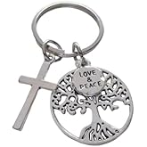 Tree Charm Keychain with Cross and Love & Peace Disc Charm, Religious Keychain, Teacher or Neighbor