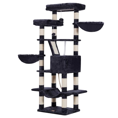 Heybly Cat Tree for Large Cats,68 inch Multi-Level Cat Tower for Indoor Cats,2 Widened Plush Perches Cat Condo with Scracthing Board and Big Caves,Smoky Gray HCT025G