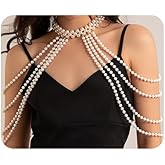 Xerling Faux Pearl Shoulder Harness Body Chain Fringe Tassels Layered Arm Chain Bra Chain Necklace Body Jewelry for Women Bikini