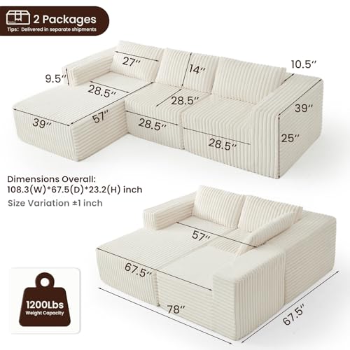Fantico Modular Sectional Sofa Couch Luxurious Corduroy - High-Density Foam, Non-Slip Stability, Easy Setup with Box Packaging, Comfortable & Durable for Living Room, Apartment, Bedroom - Beige