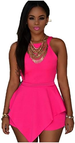 Cut Out Back Combination Peplum Bodysuit Zipper Romper Women Shorts Jumpsuits Pink M