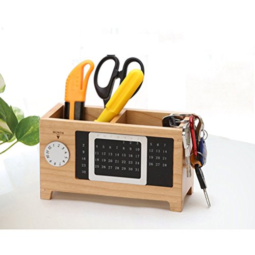 LANGUGU Creative Wooden Office Supplies Desk Organizer Pen and Pencil Holder Tube Stationery Storage Box with Calendar for the Desk (Storage)