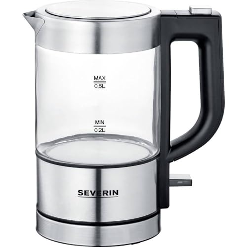 SEVERIN Mini Glas Wasserkocher 0,5 L, leistungsstark und kompakt in hochwertigem Design, elektrischer Wasserkocher mit Kalkfilter, Edelstahl/schwarz, WK 3472